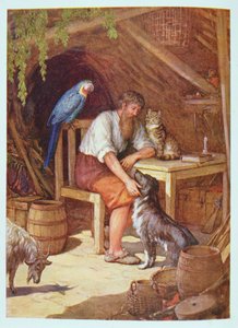 Robinson Crusoe majassaan, kuvitus Daniel Defoen (1660-1731) teoksesta "Robinson Crusoe" (värinen lito)