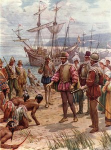 Sir Walter Raleigh laskeutumassa Virginiaan (väri litho) tekijältä Howard Davie