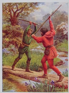 Taistelu Robin Hoodin ja Little Johnin välillä, kuvitus teoksesta "Robin Hood ja hänen elämänsä Merry Greenwoodissa", kertoja Rose Yeatman Woolf, julkaisija Raphael Tuck tekijältä Howard Davie