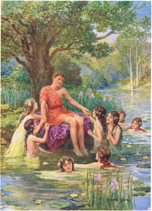 "Vesinymfit tulivat katsomaan häntä ja rakastivat häntä", kuvitus kappaleeseen "Kuinka argonautit purjehtivat Colchikseen", Charles Kingsleyn (1819-75) kirjasta "How the Heroes of Greek Fairy Tales" (väri litho) tekijältä Howard Davie