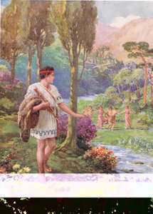 "Kivien ja puiden varjossa nymfit ja paimenet tanssivat", kuvitus Charles Kingsleyn (1819-75) kirjasta "Kuinka Theseus tappoi ihmisten söijät" (värilitho) tekijältä Howard Davie