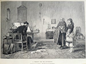 Kaksi irlantilaista naista tuo lahjan uskonnolliselle. H. Werdmullerin kaiverrus H. Helmickin maalauksen jälkeen 1800-luvulla.