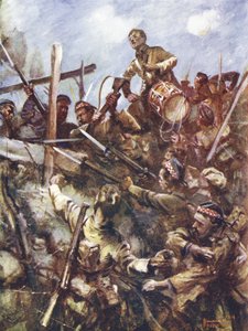 Rumpali Walter Ritchie seisomassa vihollisen kaiteella lyömään hyökkäystä raskaan konekivääritulen ja pommi-iskujen alla, Beaumont Hamel, Ranska, 1. heinäkuuta 1916