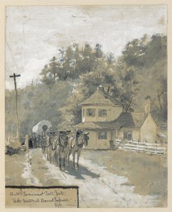 Vanha valtion tulliasema ja länteen matkaava pikavaunu, piirros William Henry Rideingin artikkelin "The Old National Pike" kuvitusta varten tekijältä Howard Pyle