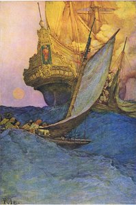 Hyökkäys kaleeriin, kirjasta Howard Pyles Book of Pirates, jonka julkaisi Harper & Bros, 1921.