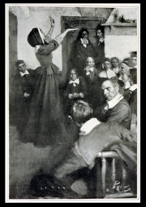 Anne Hutchinson saarnaa talossaan Bostonissa, 1637, kuvitus Woodrow Wilsonin teoksesta Colonies and Nation, pubi. Harper