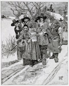 Arresting a Witch, kaiverrettu J. Bernstrom, kuvitus Thomas Wentworth Higginsonin teoksesta The Second Generation of Englishmen in America, pub. Harper