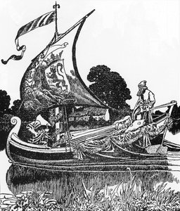 Arthurian Legenda: Kuolleiden proomu tuo kuningas Arthurin ruumiin Howard Pylen (1853-1911) kuvitus "Sir Launcelotin ja hänen seuralaistensa tarinasta" 1907 yksityiskokoelma tekijältä Howard Pyle