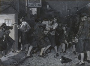 Aarnikotkan kyltin luona, piirros kuvitusta varten John Austin Stevensin artikkeliin "Vanhan New Yorkin kahvihuoneet" tekijältä Howard Pyle