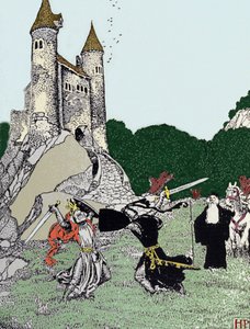 Taistelu kuningas Arthurin (Artus) ja mustan ritarin välillä lumoavan Merlinin läsnä ollessa. Kuvitus: Howard Pyle (1853 - 1911), yhdysvaltalainen kuvittaja tekijältä Howard Pyle