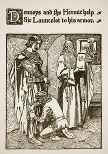 Denneys ja erakko auttavat Sir Launcelotin panssariin, kuvitus teoksesta "Sir Launcelotin ja hänen seuralaistensa tarina", 1907 tekijältä Howard Pyle