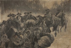 Viisi punatakkista sotilasta hevosen selässä, ja toinen oli verhoutunut silmiin asti... Heidän ympärillään oli sekalainen joukko köyhiä ihmisiä, nuoria ja vanhoja... tekijältä Howard Pyle