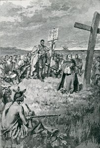 Jacques Cartier (1491-1557) pystyttää ristin Gaspeen, kuvitus Thomas Wentworth Higginsonin teoksesta "The French Voyageurs", julkaistu Harper