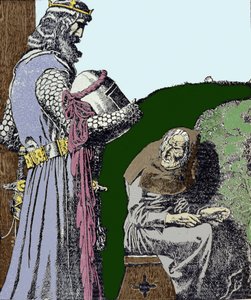 Kuningas Arthur (Artus) ja noita. Kuvitus: Howard Pyle (1853 - 1911), yhdysvaltalainen kuvittaja.
