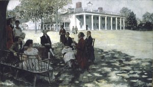 Martha ja George Washington viihdyttämässä ystäviään Mount Vernonin nurmikolla, 1898 (öljy & grisaille kankaalle) tekijältä Howard Pyle