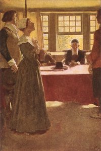 Mary Dyer tuotu kuvernööri Endicottin eteen, kuva Basil Kingin teoksesta "The Hanging of Mary Dyer", pubi. McClure