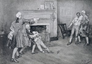 Kapteeni Tollemachen ja kapteeni Penningtonin tapaaminen "The City Armsissa", kuvitus John Austin Stevensin "Old New York Taverns" -julkaisusta, pub. Harper