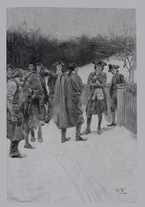 Paul Revere tuo uutisia Sullivanille, kaiverrettu F.H. Wellingtonin toimesta, kuvitus Ballard Smithin teoksesta 