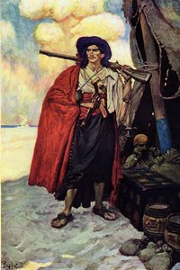 Muotokuva merirosvosta aseistettu kiväärillä. Hänen lähellään rahastonhoitaja ja autiolle saarelle pystytetty teltta. Kuvitus yhdysvaltalaisen kuvittajan Howard Pylen (1853-1911) teoksesta "Pirates Buccaneers and Marooners of the Spanish Main" tekijältä Howard Pyle