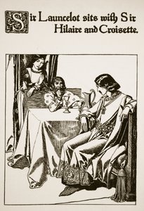 Sir Launcelot istuu Sir Hilairen ja Croisetten kanssa, esimerkki teoksesta "Pyöreän pöydän mestarien tarina" tekijältä Howard Pyle