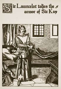 Sir Launcelot ottaa Sir Kayn panssarin, joka on esimerkki teoksesta The Story of the Champions of the Round Table tekijältä Howard Pyle