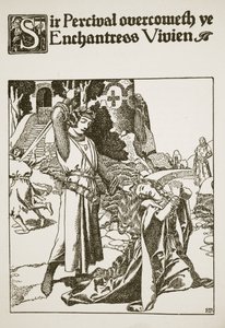 Sir Percival voitti lumotar Vivienin, esimerkki teoksesta "Pyöreän pöydän mestareiden tarina" tekijältä Howard Pyle