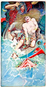 Thorin ja Hymirin kalastus, Folk Legends of the Sea, Harpers Magazine, 1902 tekijältä Howard Pyle