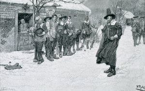 Puritaaninen kuvernööri keskeyttämässä jouluurheilun, kaiverrus J. Bernstrom, kuvitus George William Curtisin teoksesta "Christmas", pub. Harper