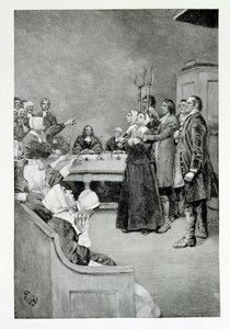The Trial of a Witch, kuvitus Mary E. Wilkinsin teoksesta Giles Corey, Yeoman, pub. Harper