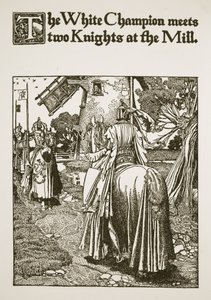 Valkoinen mestari tapaa kaksi ritaria tehtaalla, kuvitus elokuvasta "Kuningas Arthurin ja hänen ritariensa tarina", 1903 tekijältä Howard Pyle