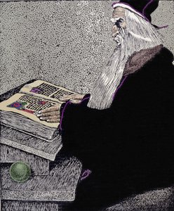 Taikuri Merlin. Amerikkalaisen pilapiirtäjän Howard Pylen (1853 - 1911) kuvitus "Kuningas Arthurin ja hänen ritariensa tarina" tekijältä Howard Pyle