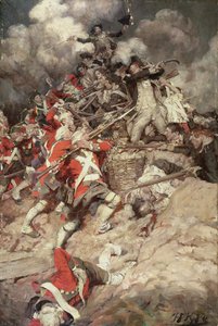 He nousivat kaiteeseen ja menivät yli, Pell Mell, Upon the British tai The Battle of Yorktown, Paul Leicester Fordin (1865-1902) "Janice Meredithistä", julkaistu 1899 (öljy kankaalle) tekijältä Howard Pyle