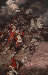 He kiipesivät kaiteen päälle ja syöksyivät harjanteen yli, ryminällä brittien kimppuun. tekijältä Howard Pyle