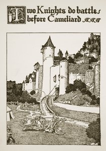 Kaksi ritaria taistelee Cameliardia vastaan, kuvitus artikkelista "The Story of King Arthur and his Knights", 1903 tekijältä Howard Pyle