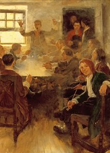 Opiskelijaelämä vuonna 1679, Edward S. Martinin "Undergraduate Life at Harvard" -julkaisusta, julkaistu Scribner