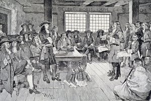 William Penn konferenssissa kolonistien kanssa, kuva "William Pennin ensimmäinen vierailu Amerikkaan" -pubista. Harper