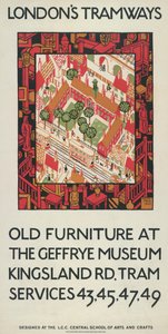 "Old Furniture at The Geffrye Museum", Lontoon kreivikunnanvaltuusto LCC Tramways -juliste, 1924 tekijältä Howard Spear