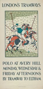 "Polo at Avery Hill", Lontoon kreivikuntaneuvoston LCC Tramways -juliste, 1923 tekijältä Howard Spear