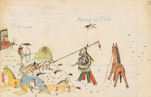 Pawnees ja Heap of Birds, 1874-75 (kynä, muste ja wc pääkirjapaperilla)