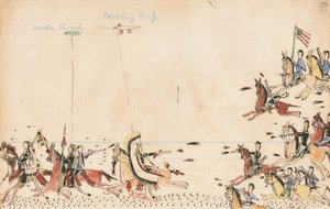 Under Cloud ja Howling Wolf taistelevat kenraali Sullyn kanssa vuonna 1868, 7. luola lähellä nykyistä leirin tarjontaa, 1874-75 (kynä, muste ja wc pääkirjapaperilla)