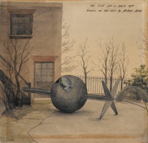 Pudonnut aikapallo kuninkaallisen observatorion pihalla Greenwichissä joulukuussa 1855 (akvarelli). tekijältä Hubert Airy