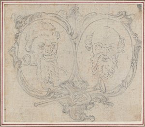 Double Cartouche kahdella päällä ja maineen ja hulluuden symboleilla tekijältä Hubert Francois Gravelot