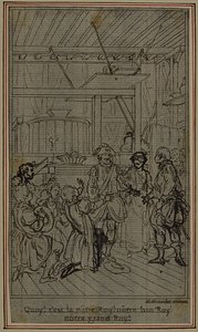 Opinnäytetyö vinjetti-etukuvaa varten Collein teokseen "La Partie de Chasse de Henri IV", III näytös. tekijältä Hubert Francois Gravelot