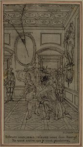 Opinnäytetyö vinjetti-etukuvaa varten Collein teokseen "La Partie de Chasse de Henri IV", I näytös. tekijältä Hubert Francois Gravelot