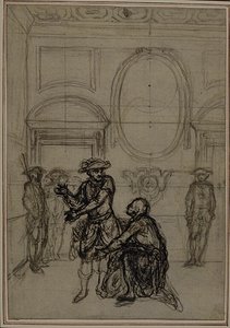Tutkimus Collein teoksen "La Partie de Chasse de Henri IV" toista, koskaan julkaisematonta painosta varten, I näytös, kohtaus 6. tekijältä Hubert Francois Gravelot