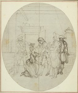 Tutkimus Collein teoksen "La Partie de Chasse de Henri IV" toista, koskaan julkaisematonta painosta varten, III näytös, kohtaus 11. tekijältä Hubert Francois Gravelot