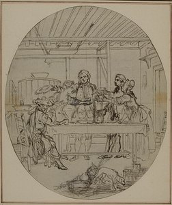 Tutkimus Collein teoksen "La Partie de Chasse de Henri IV" toista, koskaan julkaisematonta painosta varten, III näytös, kohtaus 10. tekijältä Hubert Francois Gravelot