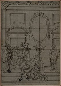Tutkimus Collein teoksen "La Partie de Chasse de Henri IV" toista, koskaan julkaisematonta painosta varten, I näytös, kohtaus 6. tekijältä Hubert Francois Gravelot