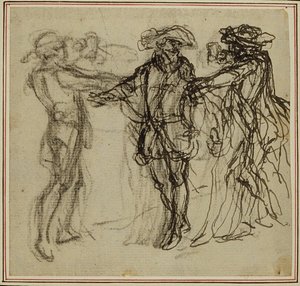 Tutkimus Collein teoksen "La Partie de Chasse de Henri IV" toista, koskaan julkaisematonta painosta varten, II näytös, kohtaus 11. tekijältä Hubert Francois Gravelot