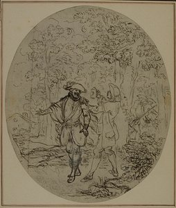 Tutkimus Collein teoksen "La Partie de Chasse de Henri IV" toista, koskaan julkaisematonta painosta varten, II näytös, kohtaus 11. tekijältä Hubert Francois Gravelot